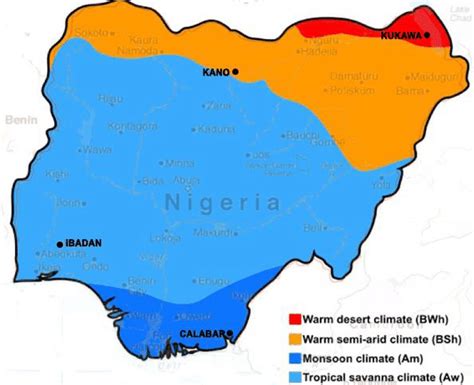 Map of Nigeria showing different climate zones